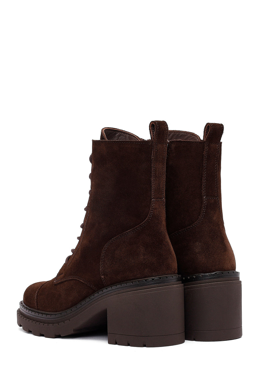 Women's Brown Zippered Thick Heeled Suede Leather Ankle Boots