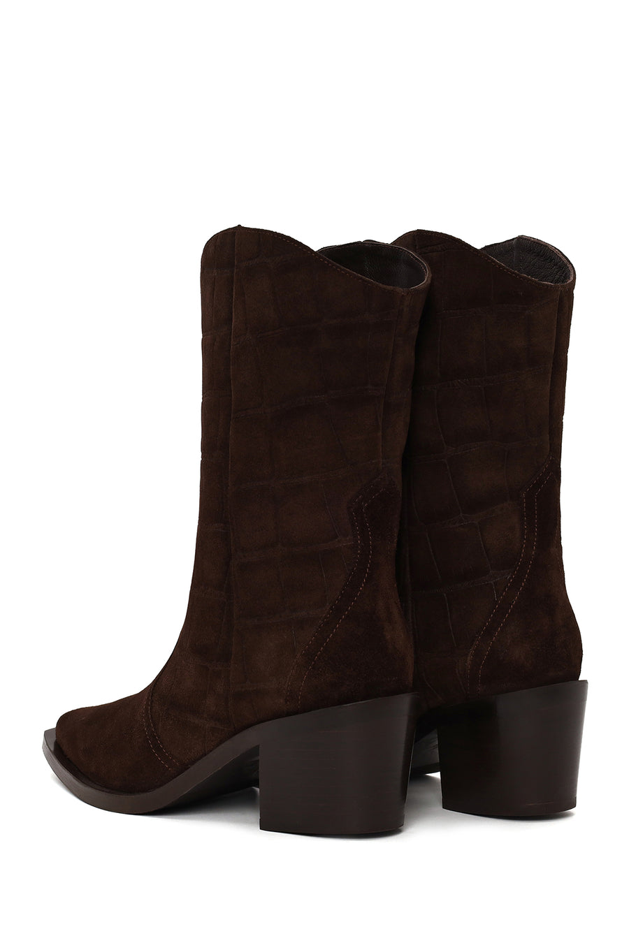 Woman Brown Printed Chunky-Heeled Suede Cowboy Boots