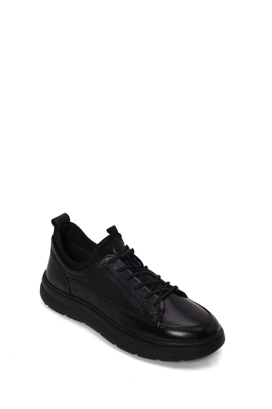 Erkek Siyah Bağcıklı Kalın Tabanlı Deri Sneaker