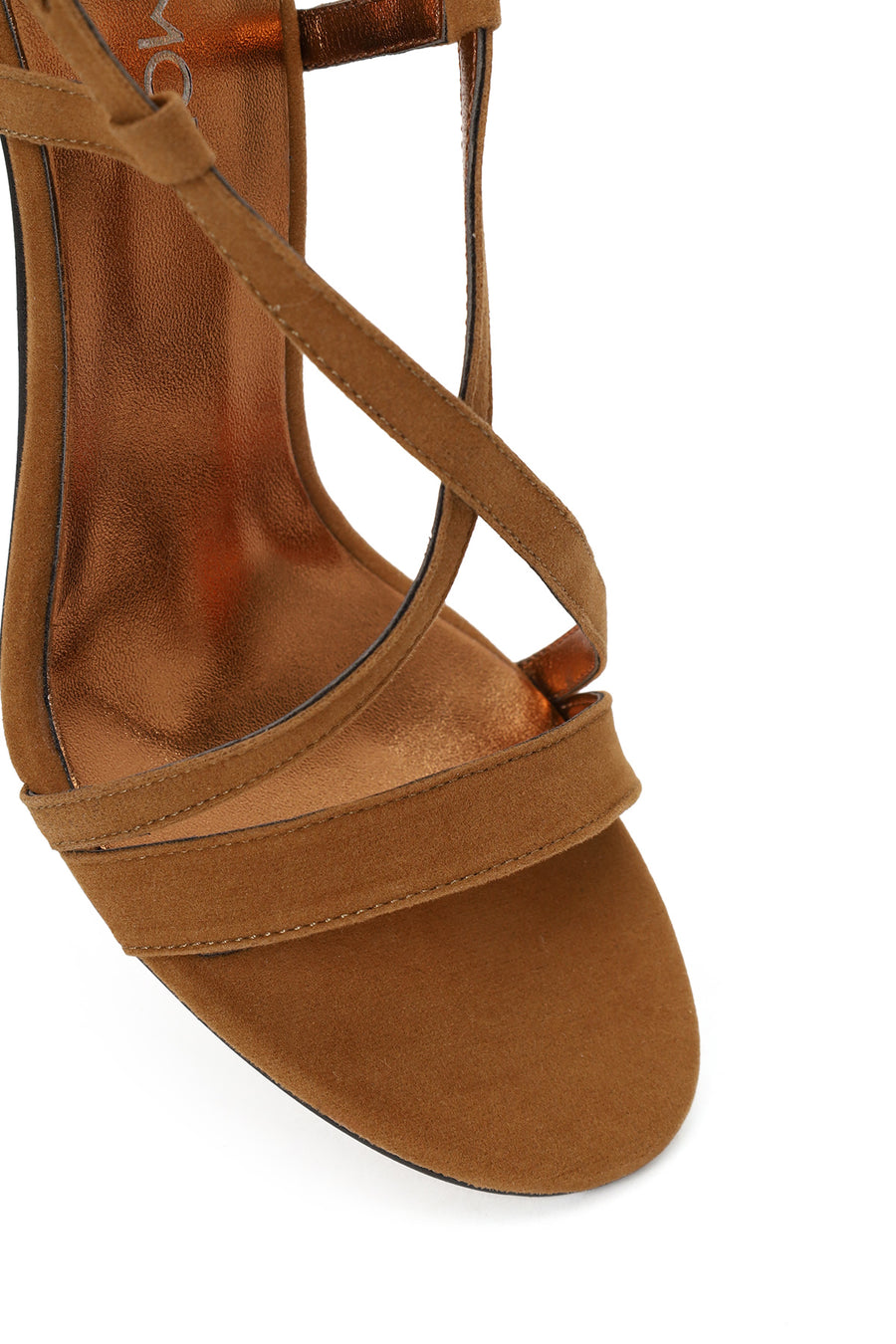 Woman Tan Ankle-Buckle High Thin-Heel Suede Sandal