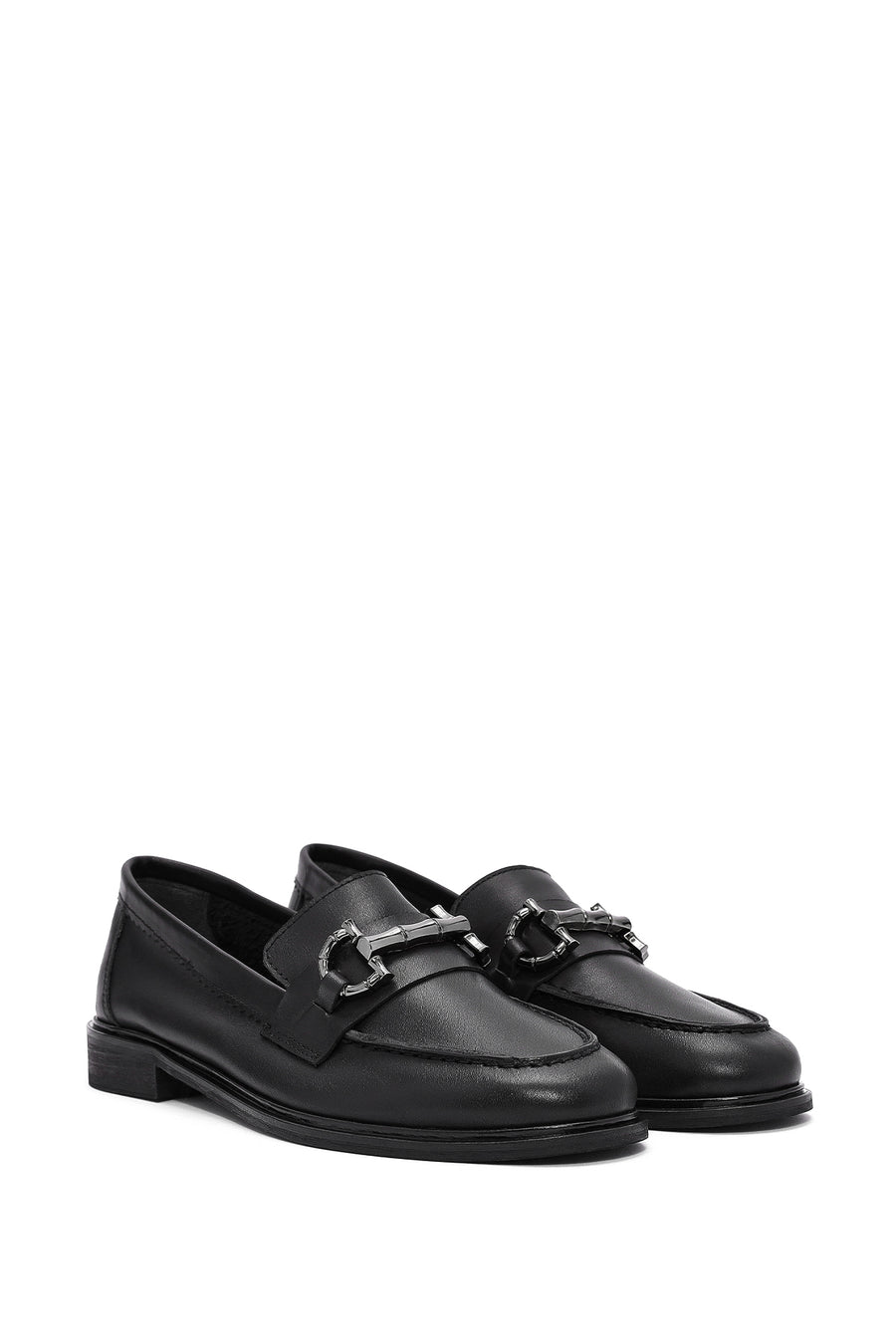 Kadın Siyah Tokalı Deri Maskülen Loafer