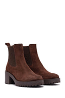 Woman Brown Chunky Heel Suede Leather Chelsea Boots | Derimod