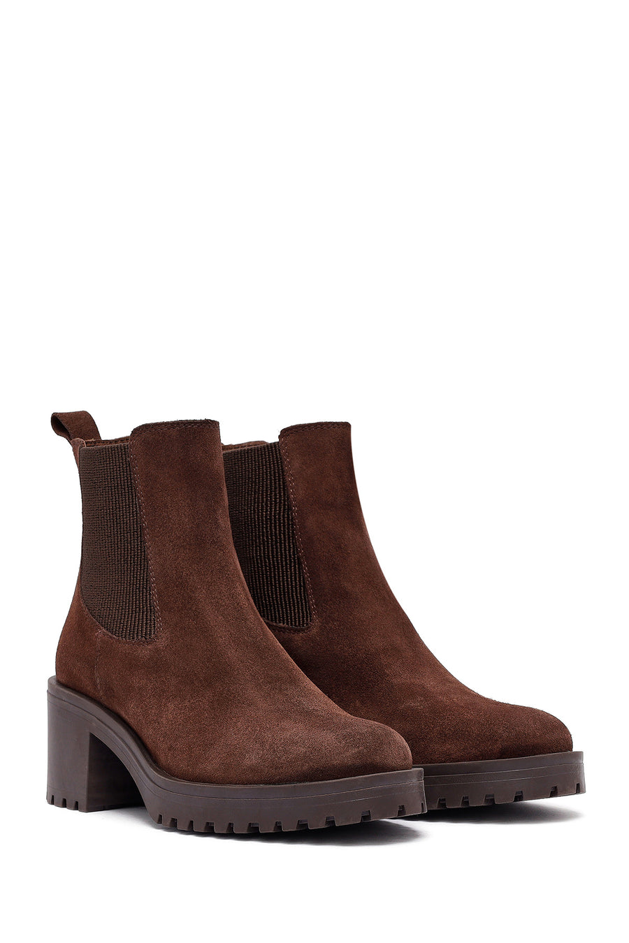 Woman Brown Chunky Heel Suede Leather Chelsea Boots
