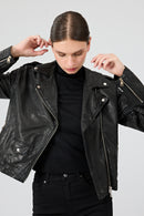 Blondy Women's Black Double Breasted Leather Jacket | Derimod
