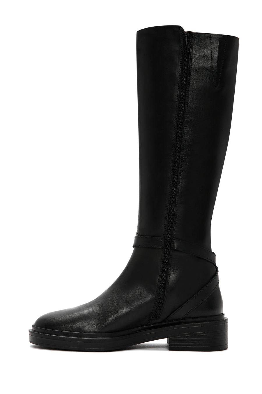 Woman Black Zippered Buckle Detail Leather Casual Boots