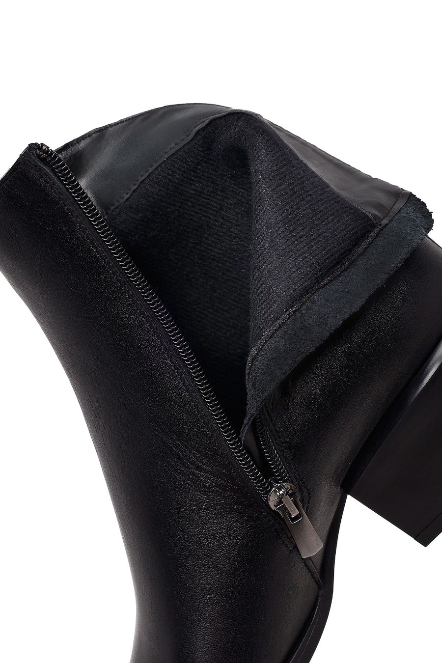 Woman Black Zip Closure Short Thick-Heeled Leather Cowboy Boots