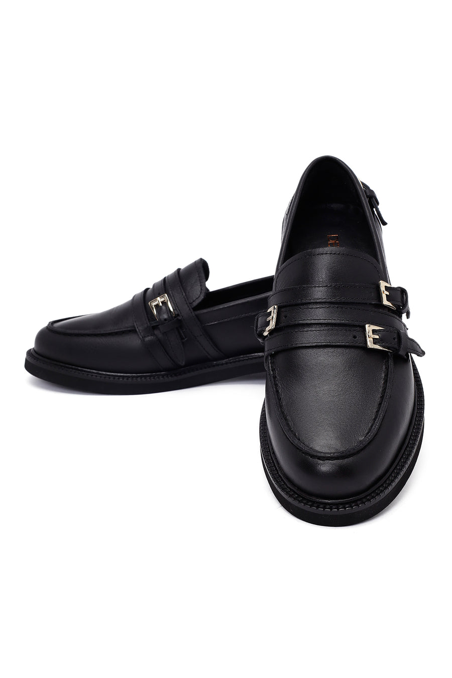 Woman Black Buckled Leather Masculine Loafer