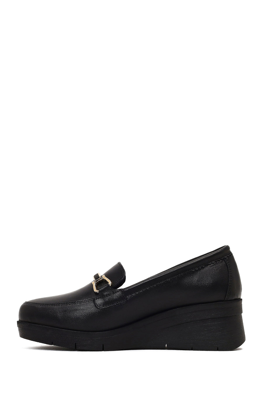 Woman Black Buckled Wedge Leather Comfort Loafer