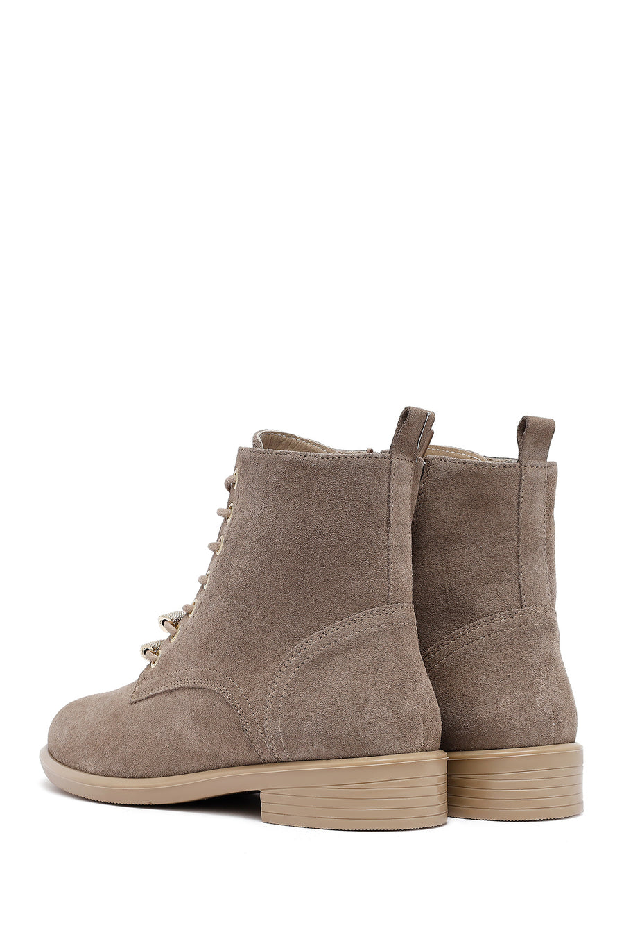 Woman Beige Lace-Up Zippered Suede Leather Boat