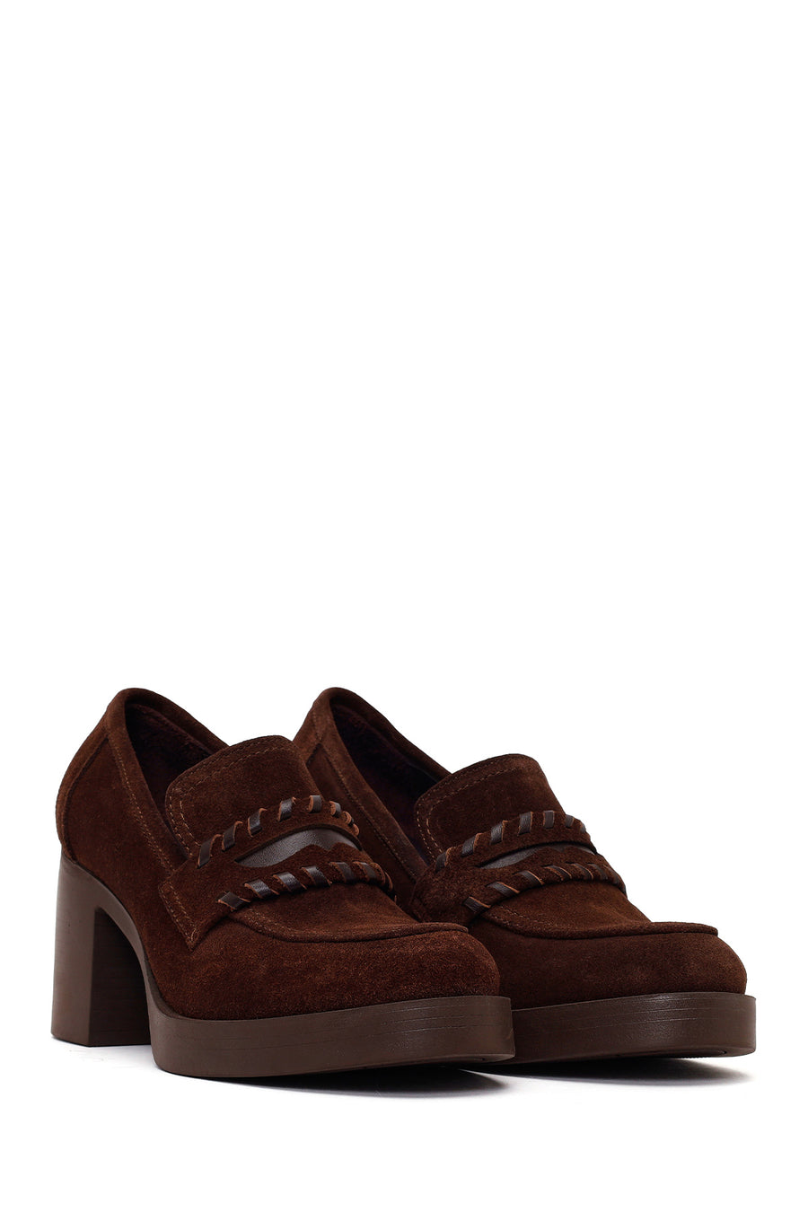Woman Brown Chunky Heeled Suede Loafer
