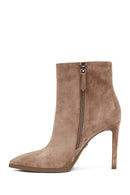 Woman Beige Zip Closure High Thin-Heeled Suede Boots | Derimod