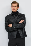 Enzo Men's Black Shirt Collar Leather Jacket | Derimod