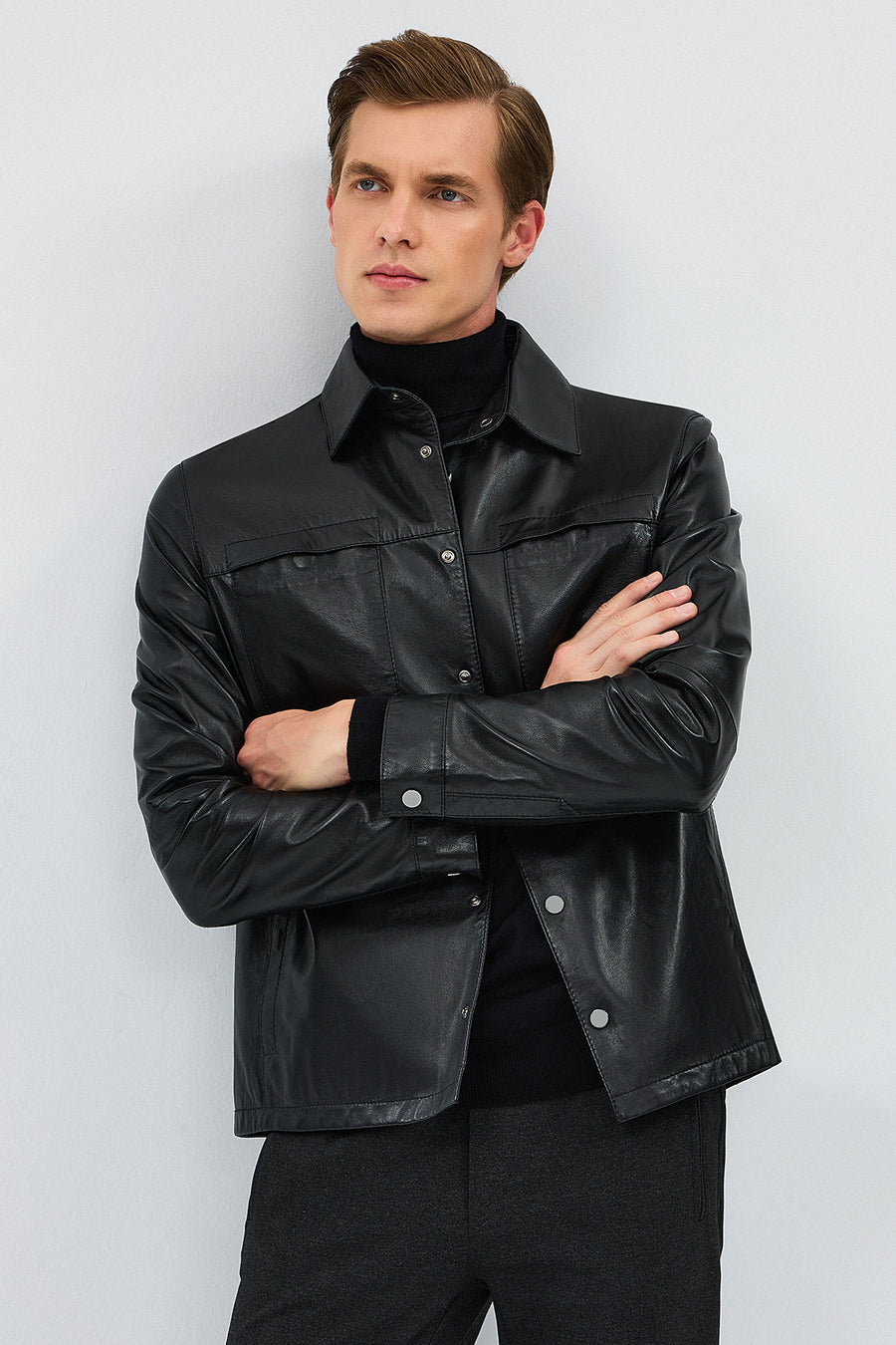 Enzo Men's Black Shirt Collar Leather Jacket