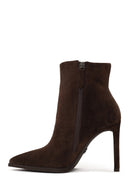 Woman Brown Zip Closure High Thin Heeled Suede Boots | Derimod
