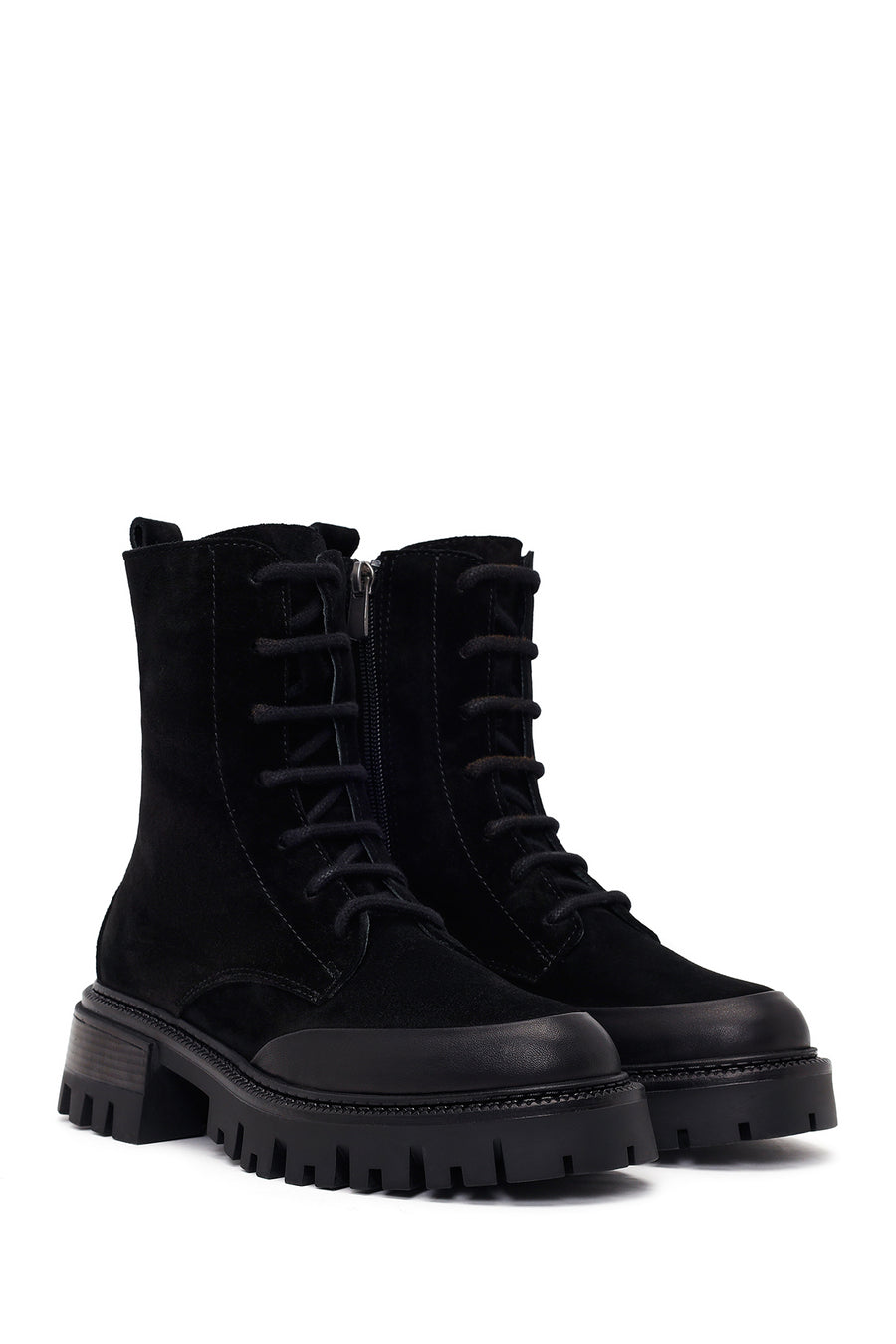 Woman Black Zip Closure Chunky-Heeled Suede Combat Boots
