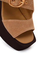 Woman Beige Buckled Wedge Heel Suede Slipper | Derimod