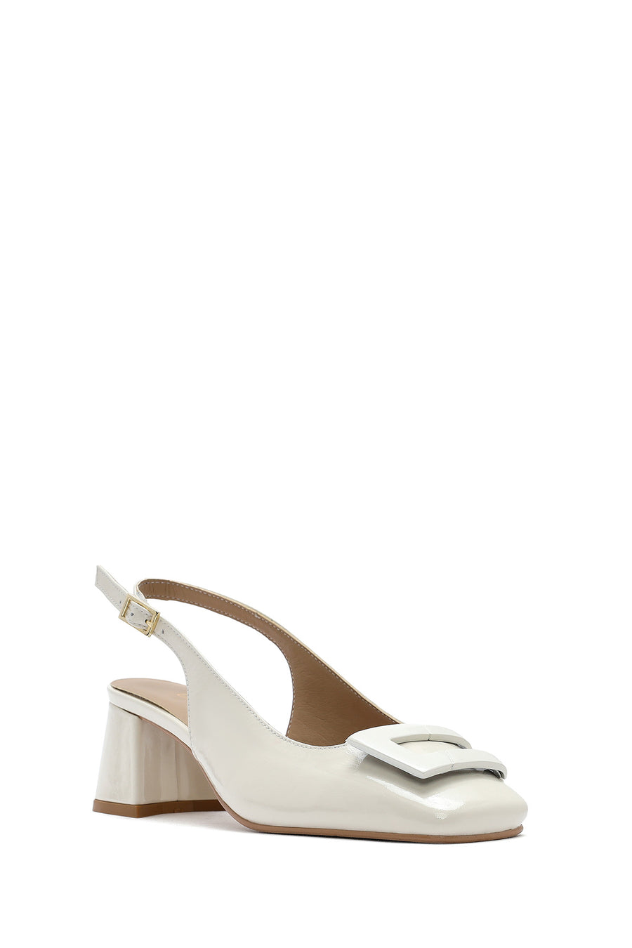 Women's Beige Ankle Buckle Open Back Low Thick Heel Patent Leather Shoes