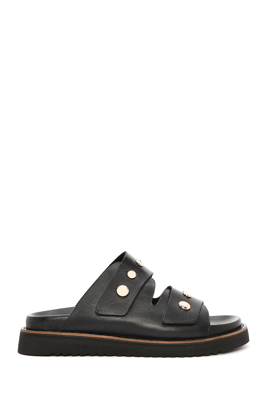 Women's Black Metal Detailed Leather Slippers 25SFD180818 | Derimod