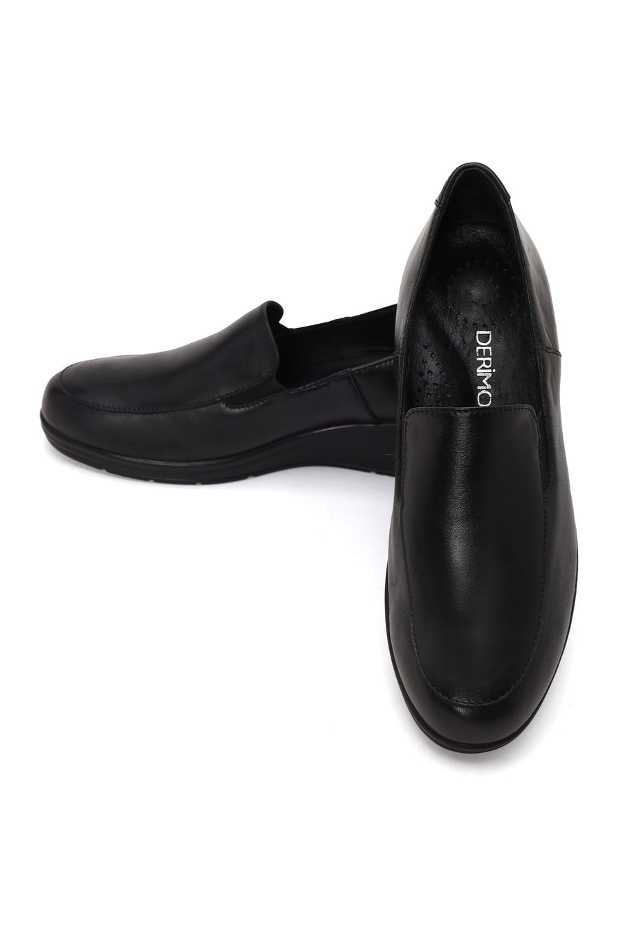 Woman Black Short Wedge-Heel Leather Comfort Shoes