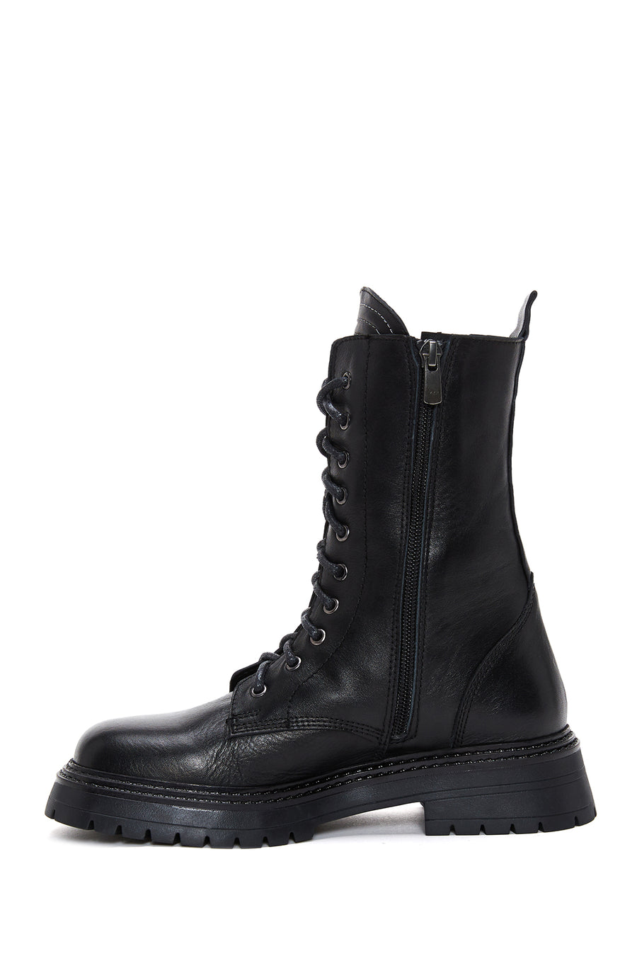 Woman Black Zippered Leather Postal Boots