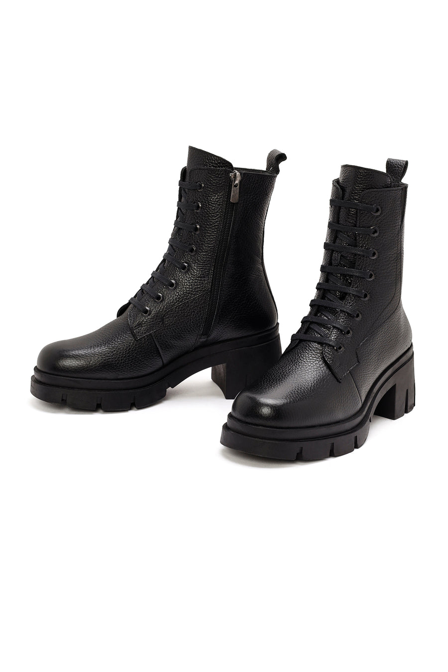 Women's Black Zippered Thick Heeled Leather Boots