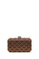 Woman Bronze Long Chain Strap Rhinestone Mini Clutch Evening Bag | Derimod