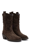 Woman Brown Short Chunky Heeled Suede Cowboy Boots | Derimod