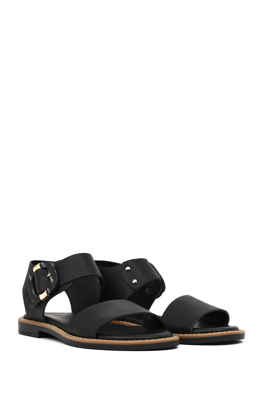 Women's Black Leather Ankle Buckle Sandals