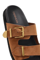 Women's Brown Buckled Suede Slippers | Derimod