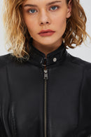 Sandy Women's Black Embroidered Leather Jacket | Derimod