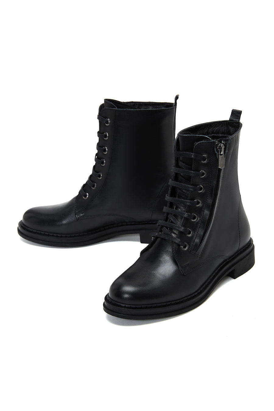 Women's Black Leather Zippered Flat Boots