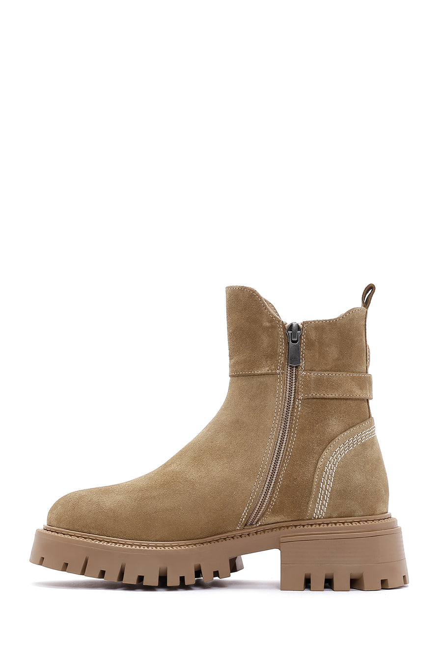 Women's Tan Suede Leather Buckle Zippered Boots