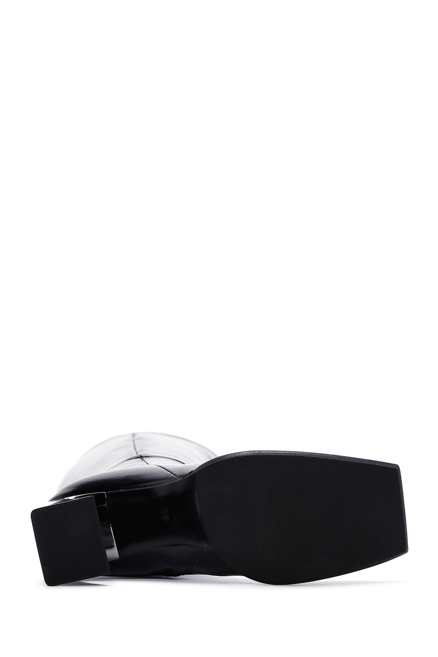 Women's Black Thick Heeled Zippered Patent Leather Boots