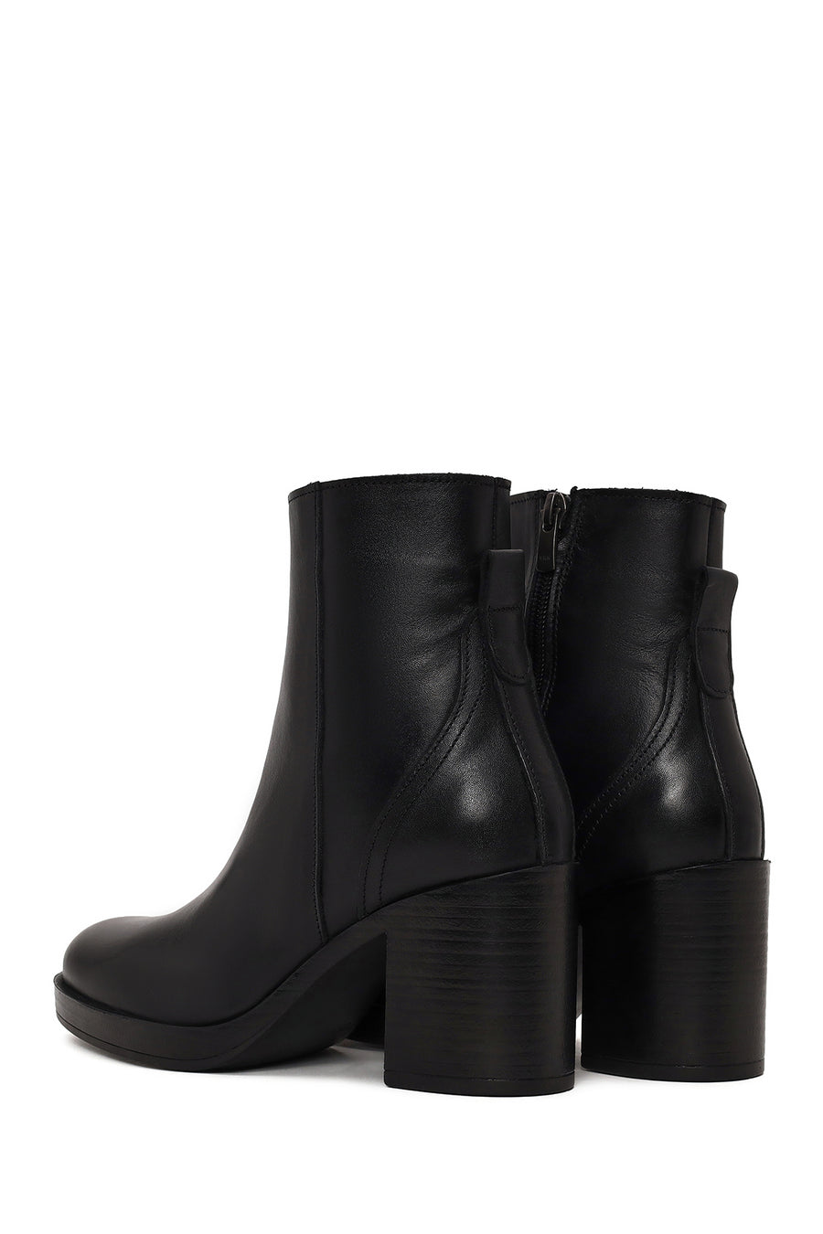 Woman Black Zip Closure Thick-Heeled Leather Boots