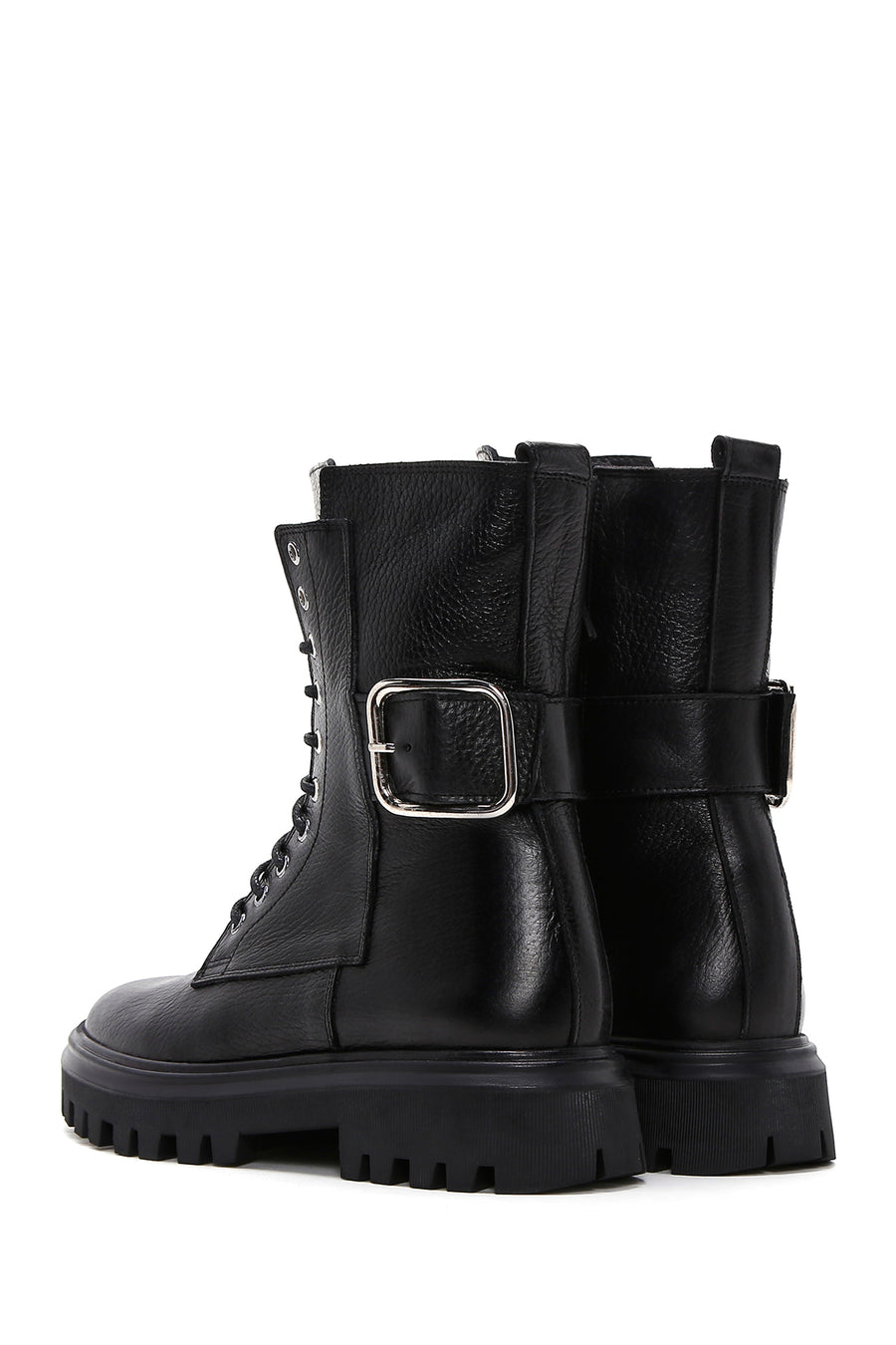 Women's Black Leather Buckle Zippered Boots