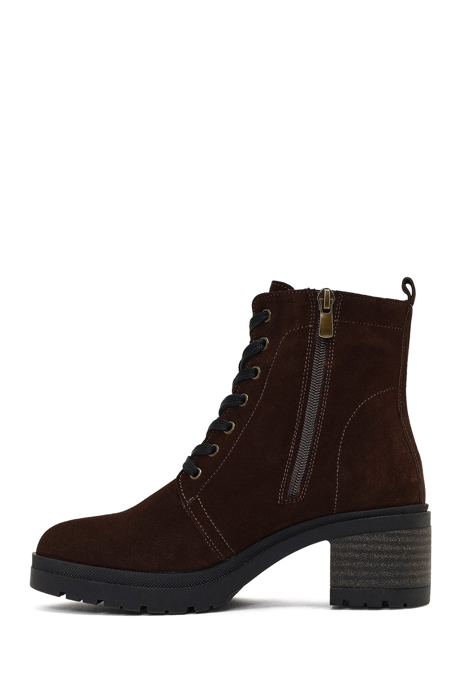 Women's Brown Zippered Thick Heeled Suede Leather Boot