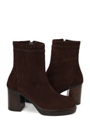 Woman Brown Zip Closure Chunky-Heeled Suede Leather Boots | Derimod