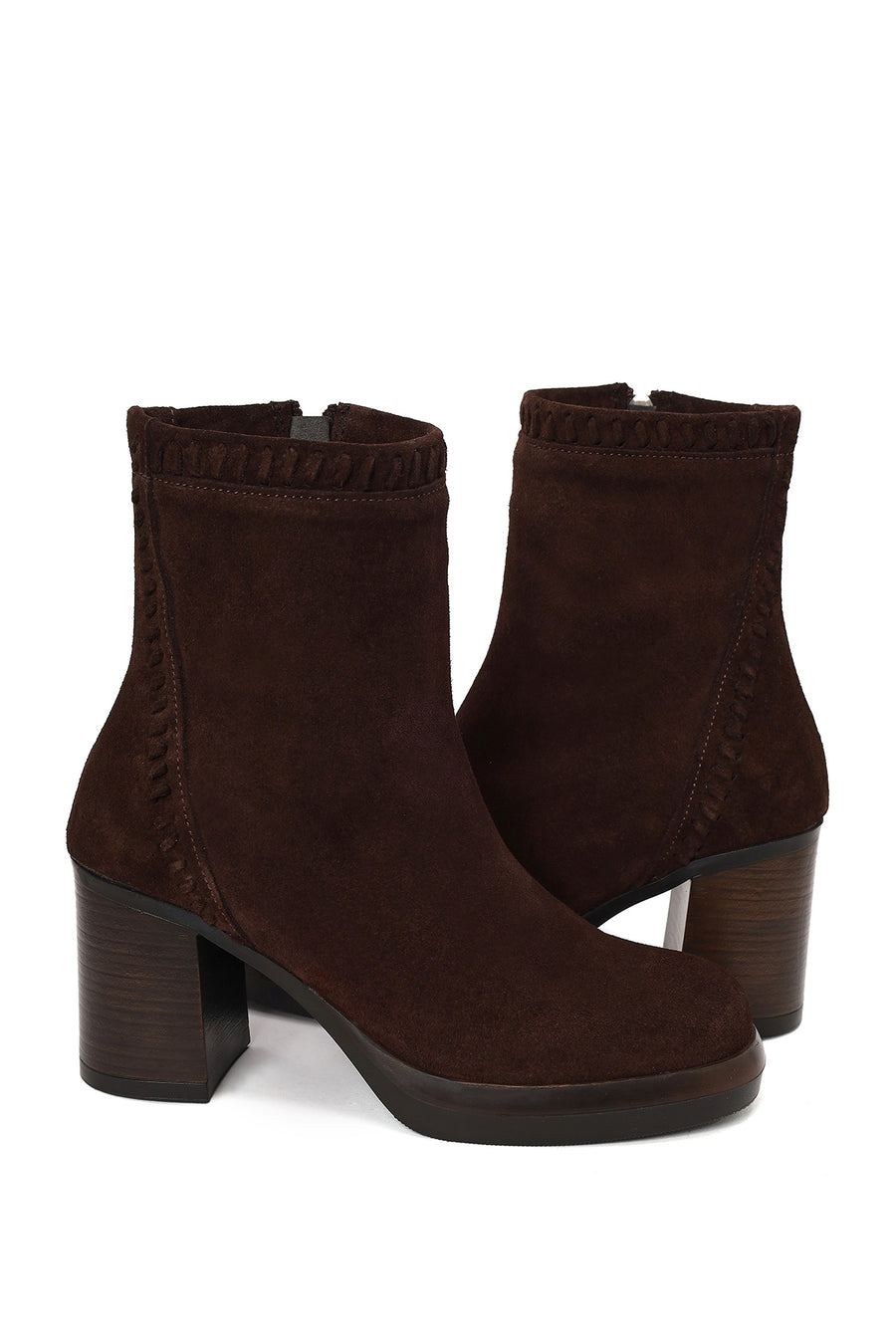 Woman Brown Zip Closure Chunky-Heeled Suede Leather Boots