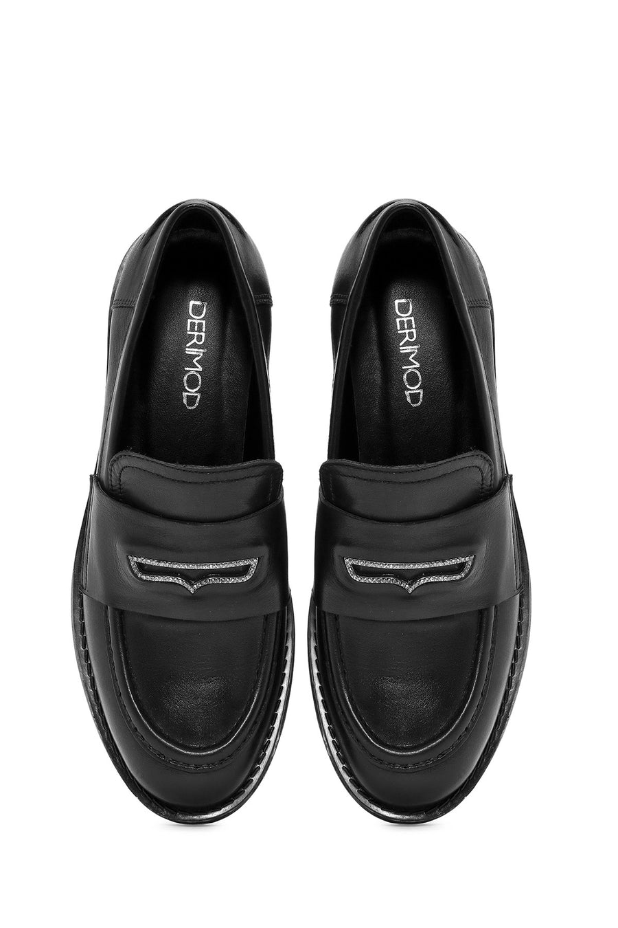 Women's Black Stone Detailed Leather Masculine Loafer