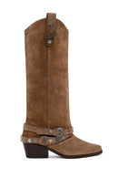 Woman Beige Thick-Heeled Suede Cowboy Boots | Derimod