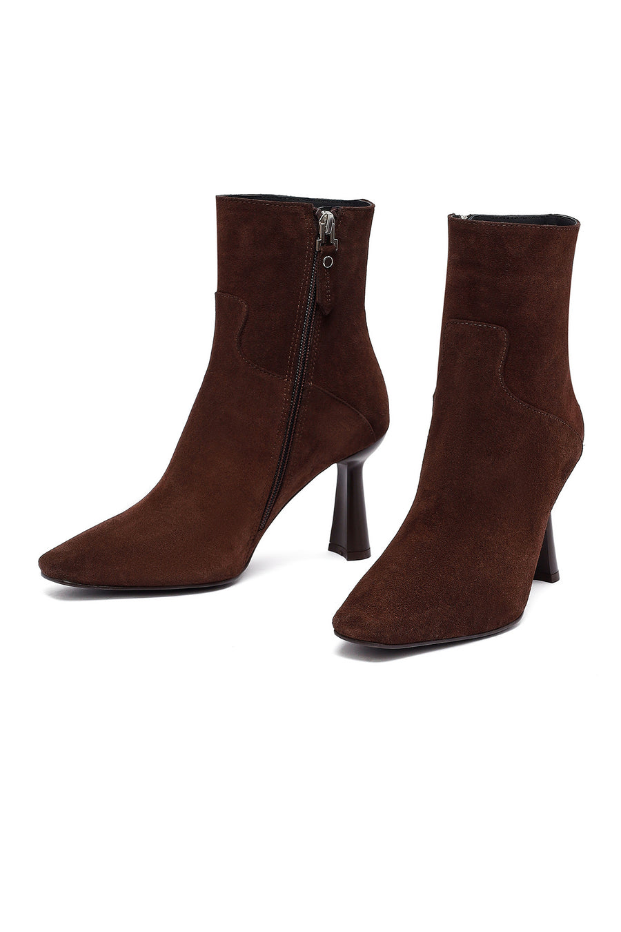 Woman Brown Zip Closure Thin-Heeled Suede Boots