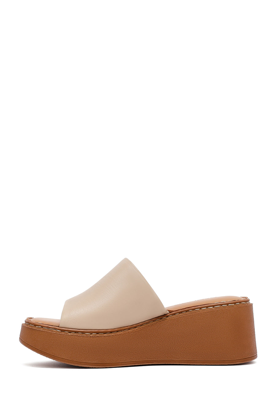 Women's Beige Platform Heel Leather Comfort Slippers