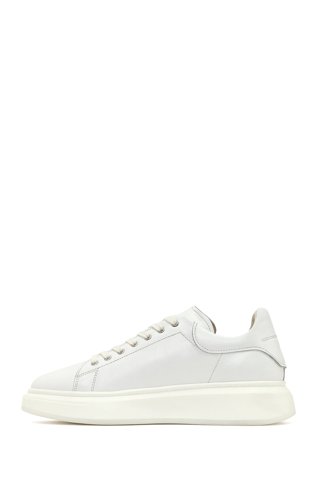 Erkek Beyaz Bağcıklı Kalın Tabanlı Deri Sneaker