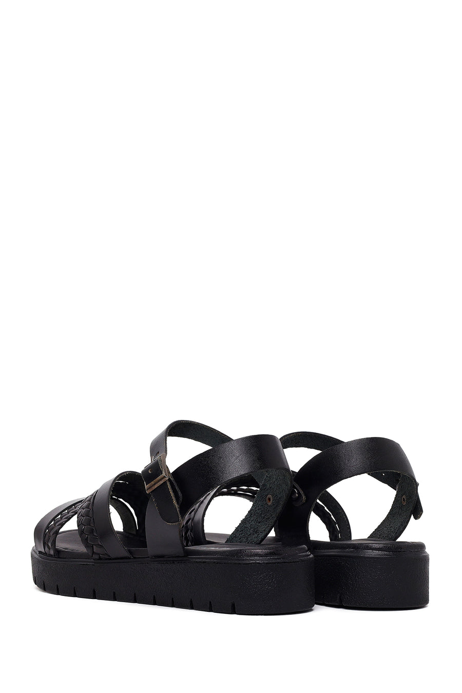 Woman Black Strappy Thick-Soled Braided Leather Bodrum Sandal