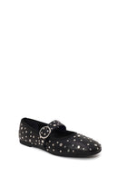 Women's Black Buckled Stoned Leather Ballerinas | Derimod
