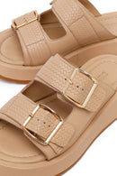 Woman Beige Double-Buckle Thick-Soled Leather Comfort Slippers | Derimod