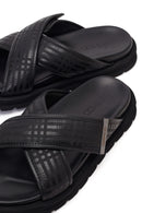 Men's Black Patterned Leather Slippers | Derimod