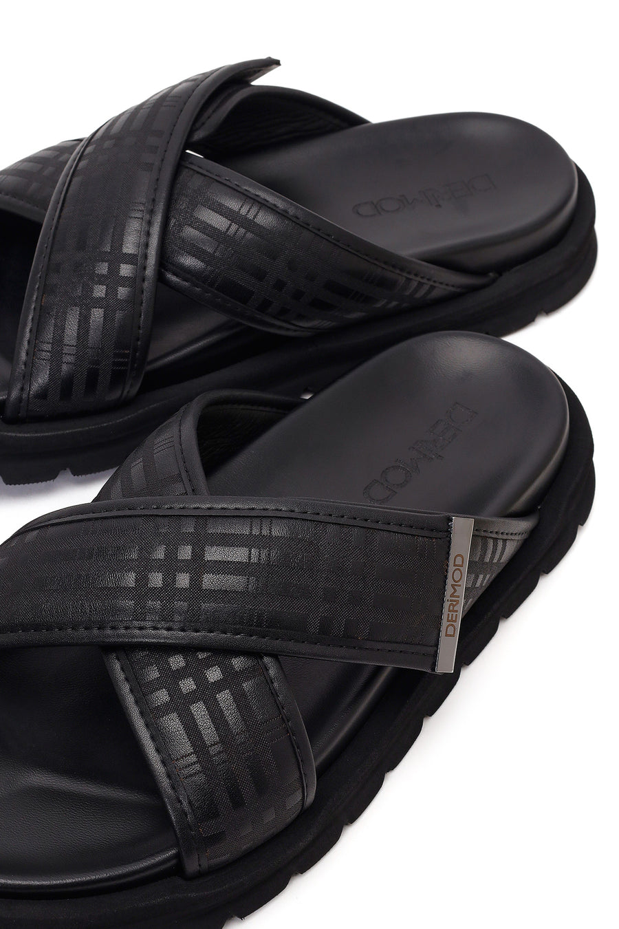 Men's Black Patterned Leather Slippers