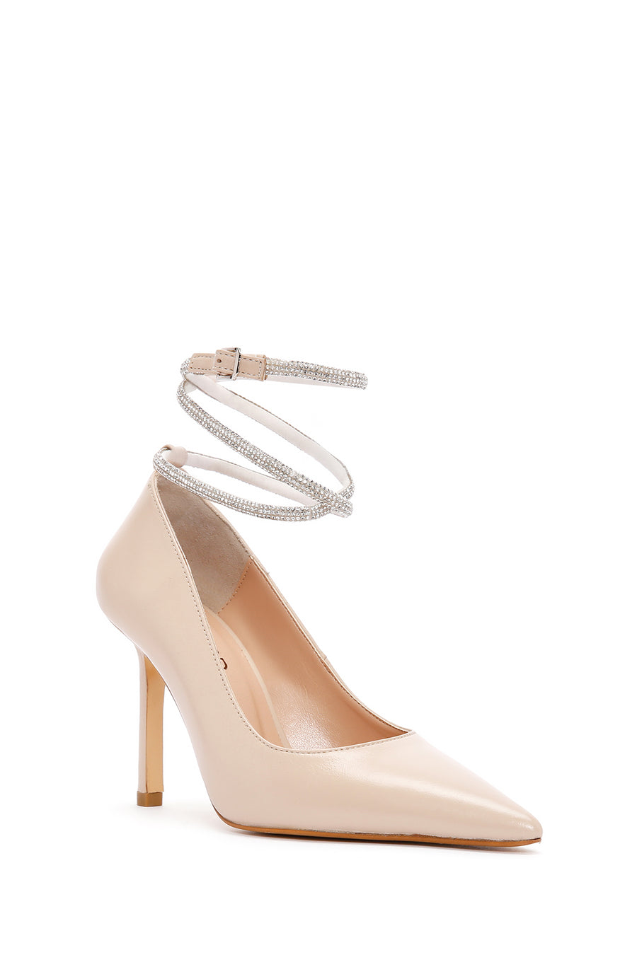 Women's Beige Ankle Strap Thin Heel Leather Stiletto