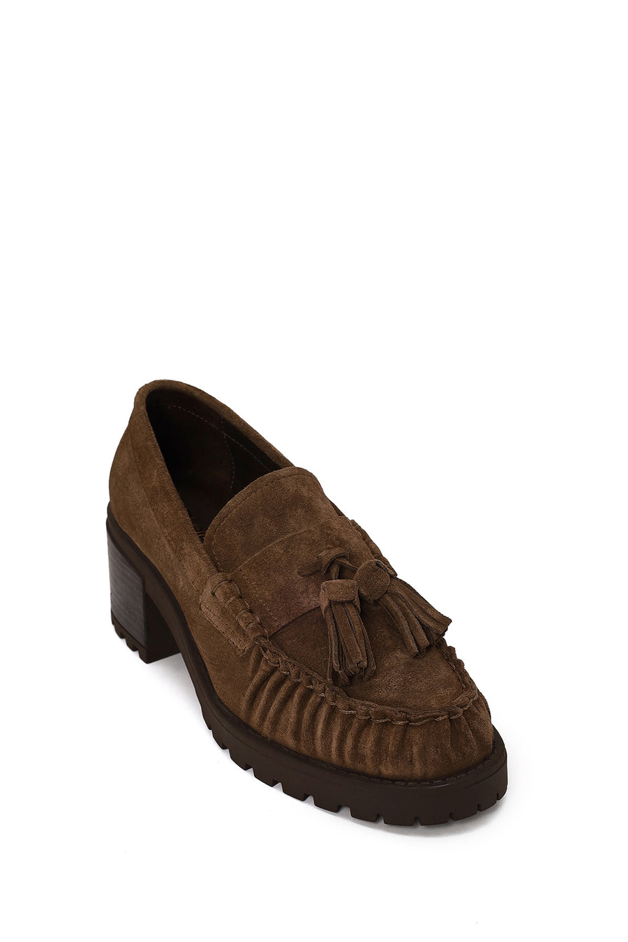 Woman Walnut Tassel Chunky Heeled Suede Loafer